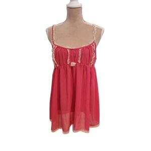 Pink Sheer Lace Trim Babydoll Chemise Cami Womans Size Large  Coquette Boho